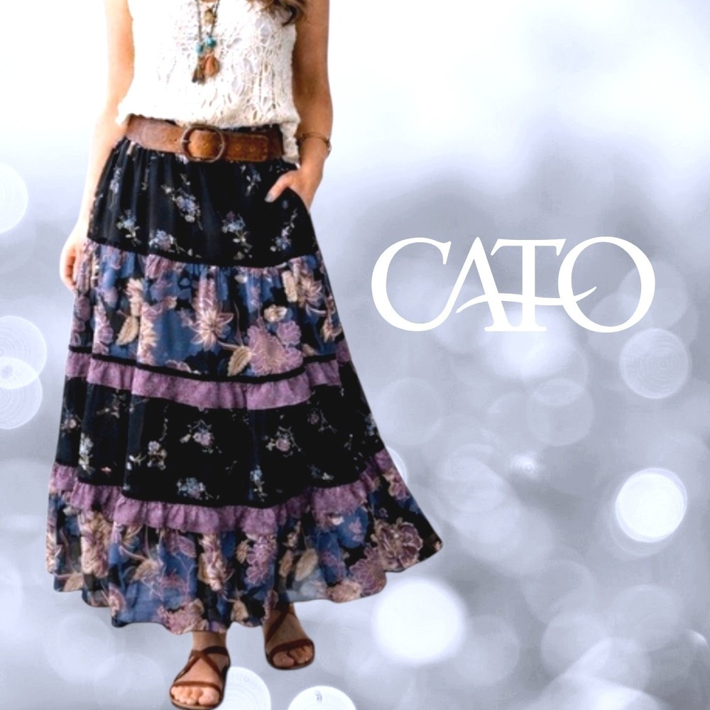 Cato Womens Floral Tiered Ruffle Boho Maxi Skirt Black Purple XL NEW